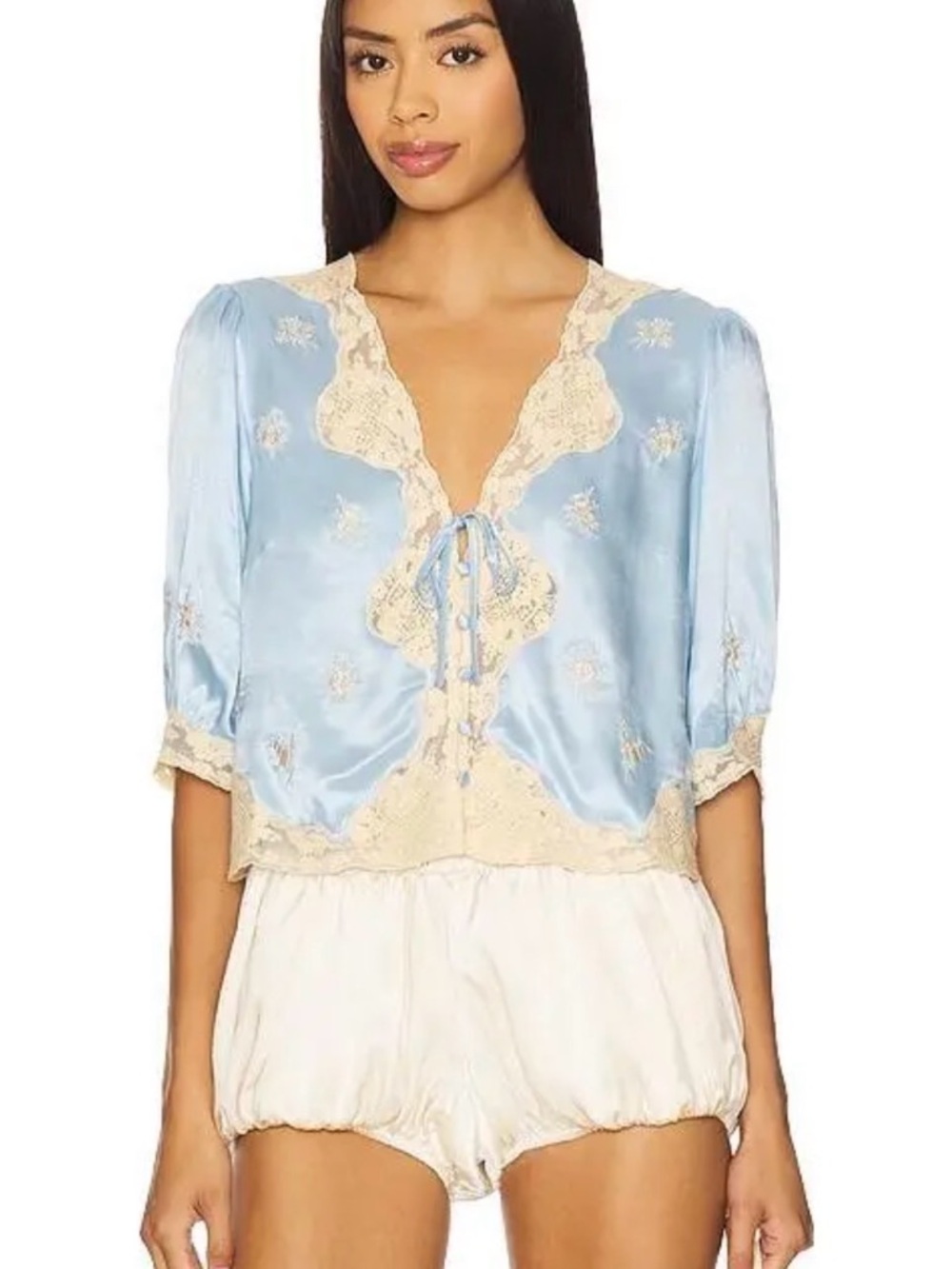 RIXO Light Blue Satin Lace-Trim Tie-Front Blouse